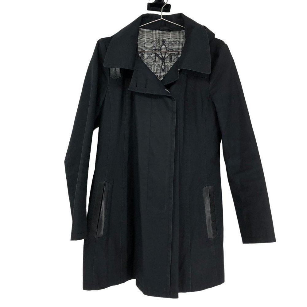 Mackage Black Trench Coat with Leather Trimming Pockets  Hooded Softshell